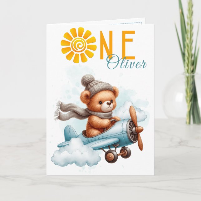 Carte Teddy Bear Airplane 1st Birthday Card (Devant)