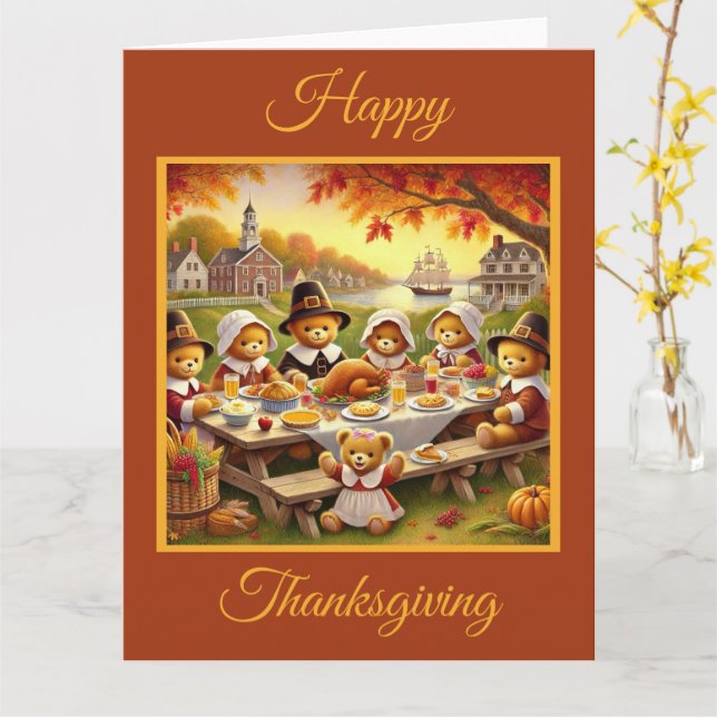 Carte Teddy Bear Famille Thanksgiving (Fleur jaune)