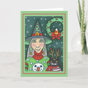 CARTE TÉMOIN EN SWÉTER À NEIGE, CHAT NOIR XMAS HALLOWEEN