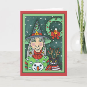CARTE TÉMOIN EN SWÉTER À NEIGE, CHAT NOIR XMAS HALLOWEEN