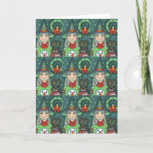 CARTE TÉMOIN EN SWÉTER À NEIGE, CHAT NOIR XMAS HALLOWEEN