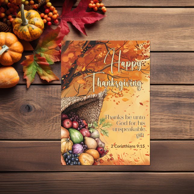 Carte Tempête de feuilles 2 Corinthians 9:15 Bon thanksg (Leaf storm harvest Bible verse Thanksgiving Card)