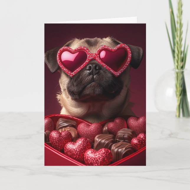 Carte Tendre Tête de Pug dans une Boîte en Forme de Cœur (Devant)
