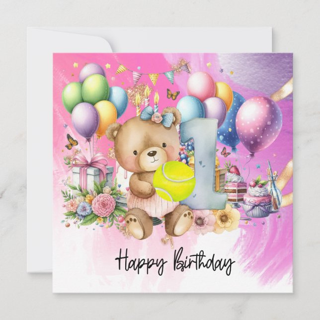 Carte Tennis 1er Anniversaire de Baby Girl Pink Theme (Devant)