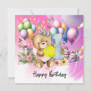 Carte Tennis 1er Anniversaire de Baby Girl Pink Theme