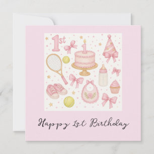 Carte Tennis 1er anniversaire pour bébé fille rose tonal