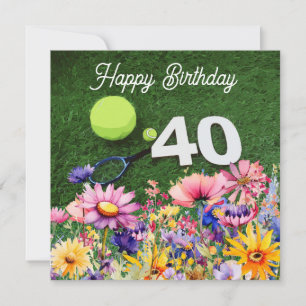 Carte Tennis 40e anniversaire avec fleurs aquarelle