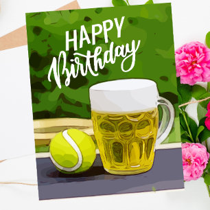 Carte Tennis Anniversaire avec bière et raquette à balle