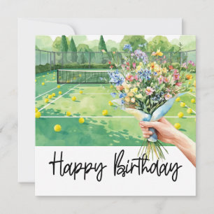 Carte Tennis d'anniversaire avec femme tenant une fleur