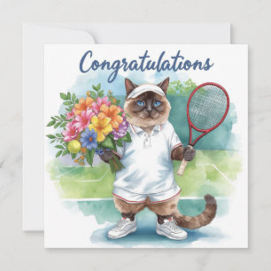 Carte Tennis Félicitations avec des fleurs à la main