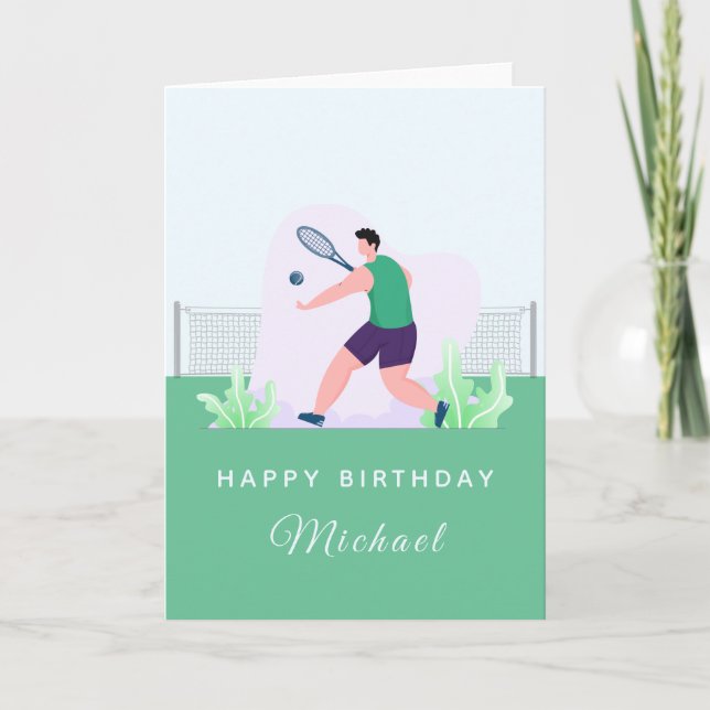 Carte Tennis Garçon Joueur Anniversaire Entraîneur Vert  (Devant)