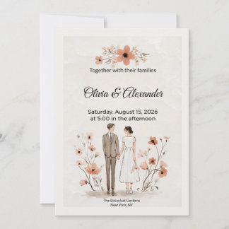 Carte Terracotta Floral & Couple Illustration Wedding