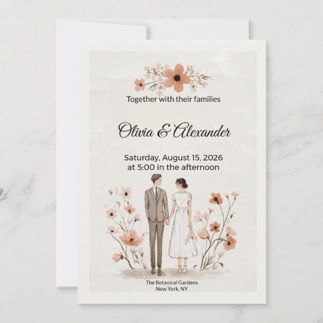Carte Terracotta Floral & Couple Illustration Wedding (Devant)