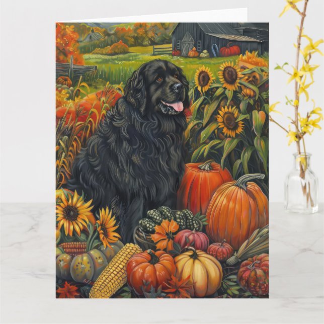 Carte Terre-Neuve Chien Récolte d'automne Thankgiving (Fleur jaune)