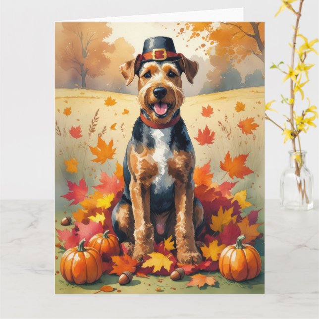 Carte Térrier Airedale dans l'art de Thanksgiving aux fe (Fleur jaune)