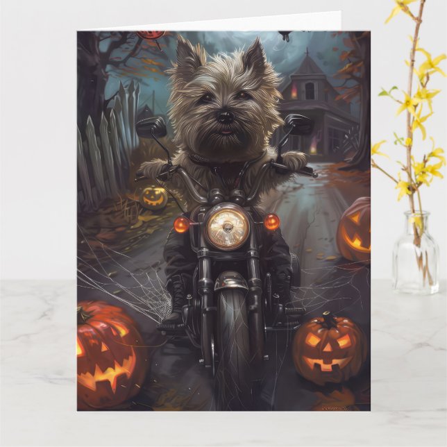 Carte Terrier Cairn à moto Halloween effrayant (Fleur jaune)