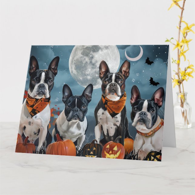 Carte terrier de Boston Halloween effrayant (Fleur jaune)