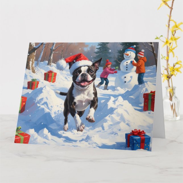 Carte Terrier de Boston Scène de neige festive de Noël (Fleur jaune)