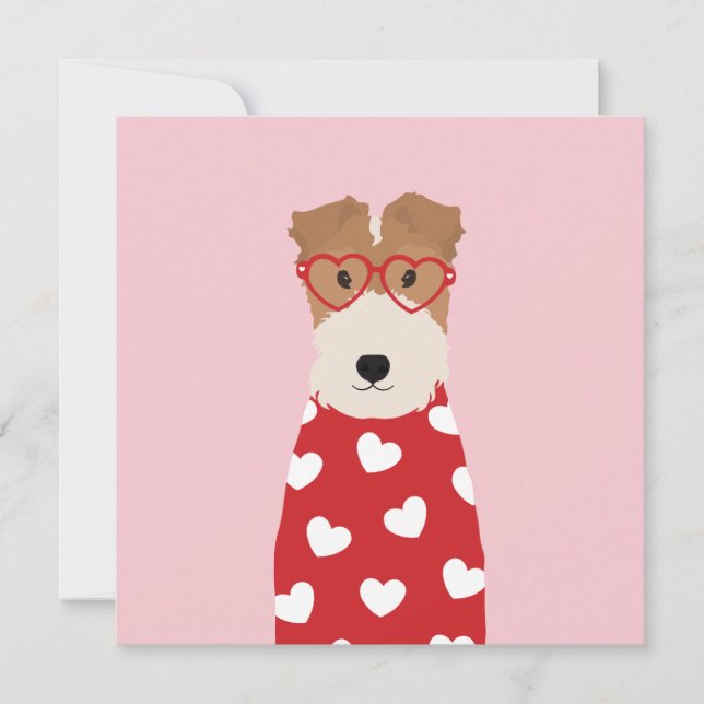 Carte Terrier Fox Wire Chien Lunettes de cœur Rose (Devant)