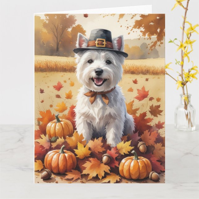 Carte Terrier West Highland Blanc Feuilles d'Automne (Fleur jaune)