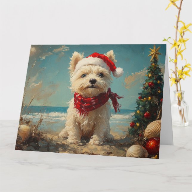 Carte Térrier West Highland White de Noël à la Plage (Fleur jaune)