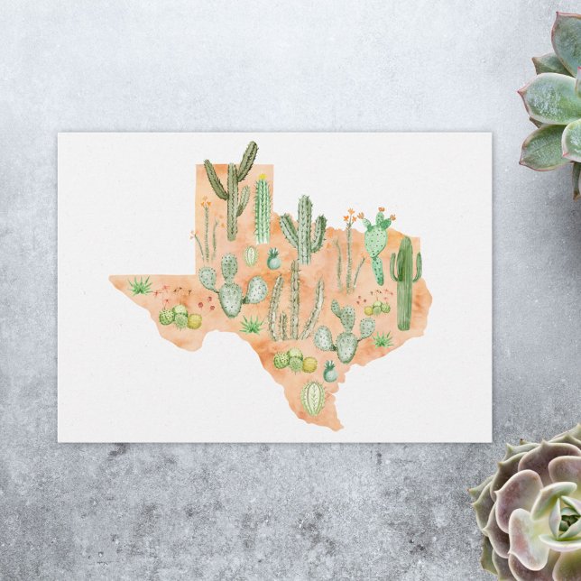 Carte Texas Cactus Watercolor Illustration Map Flat (Close up)