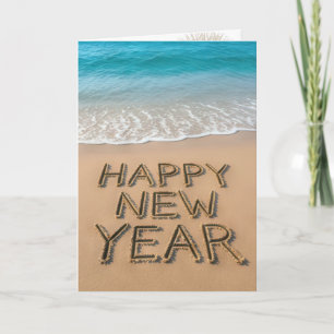 Carte Texte de Bonne Année sur une plage tropicale