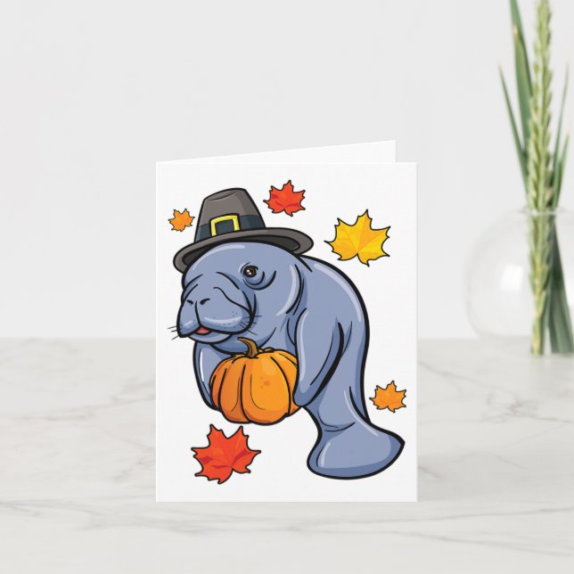 Carte Thanksgiving Manatee Pilgrim Fall Citrouille Dugon (Devant)