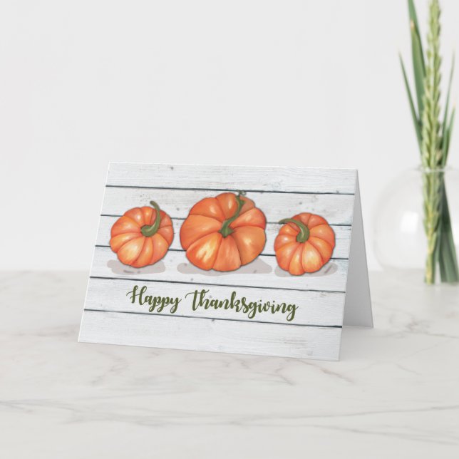 Carte Thanksgiving Trois Citrouilles sur une planche en  (Devant)