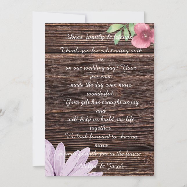 Carte Thankyou Mariage en bois rustique (Dos)