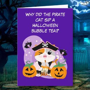 Carte Thé de bulle avec Pirate Kawaii Chat Halloween Fun