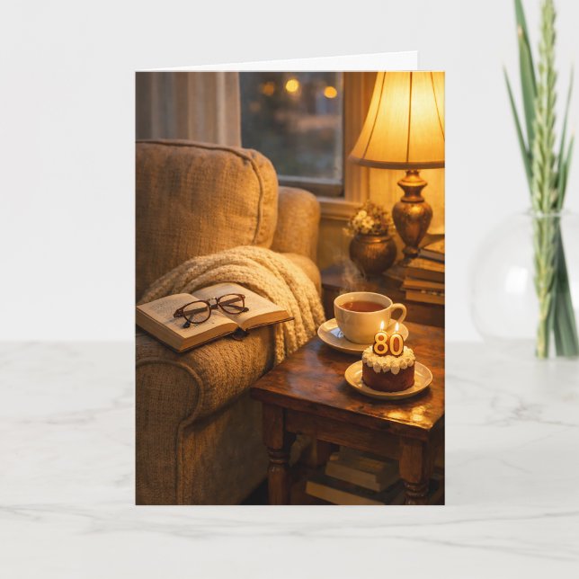 Carte Thé et coin lecture pour 80e anniversaire cosy  (Devant)