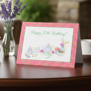 Carte Thé party pour les 70 ans, design théière florale
