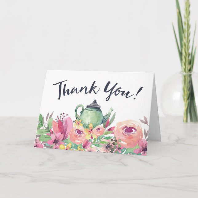 Carte Théière d'aquarelle et Merci floral (Devant)