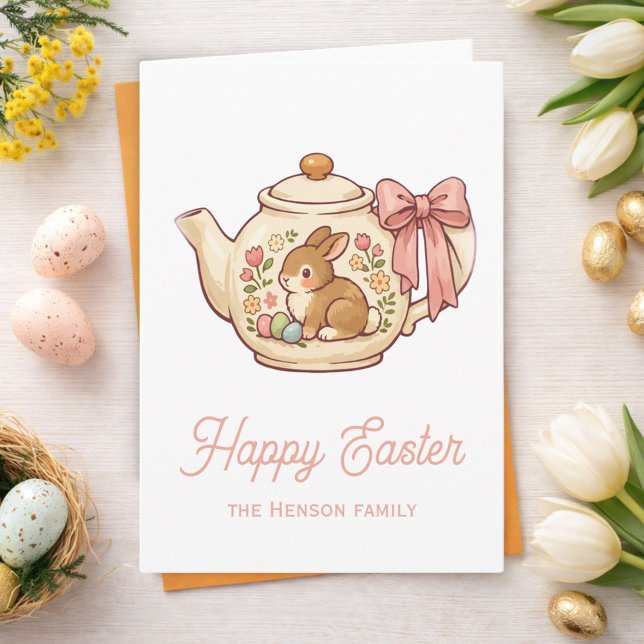 Carte Théière de Pâques Lapin Mignon Fleurs (Créateur téléchargé)
