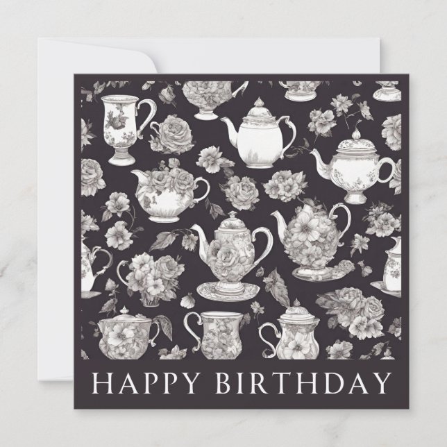 Carte Théière Fleurie Rétro Anniversaire (Devant)