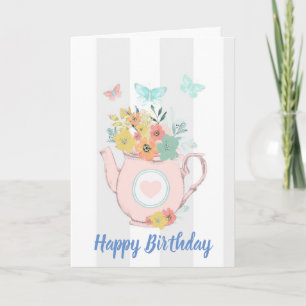 Carte Théière rose avec fleurs et papillons d'anniversai
