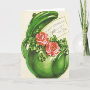Carte Théière verte rose trèfle Saint-Patrick