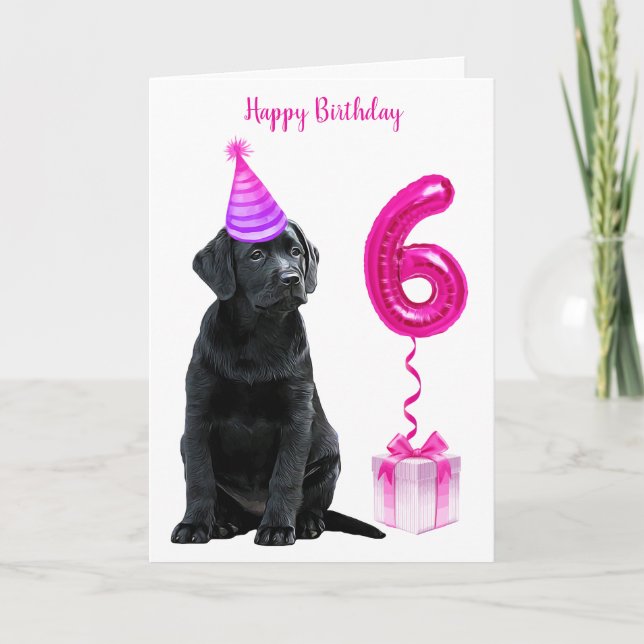 Carte Thème de chiot 6e anniversaire - mignon chien rose (Devant)