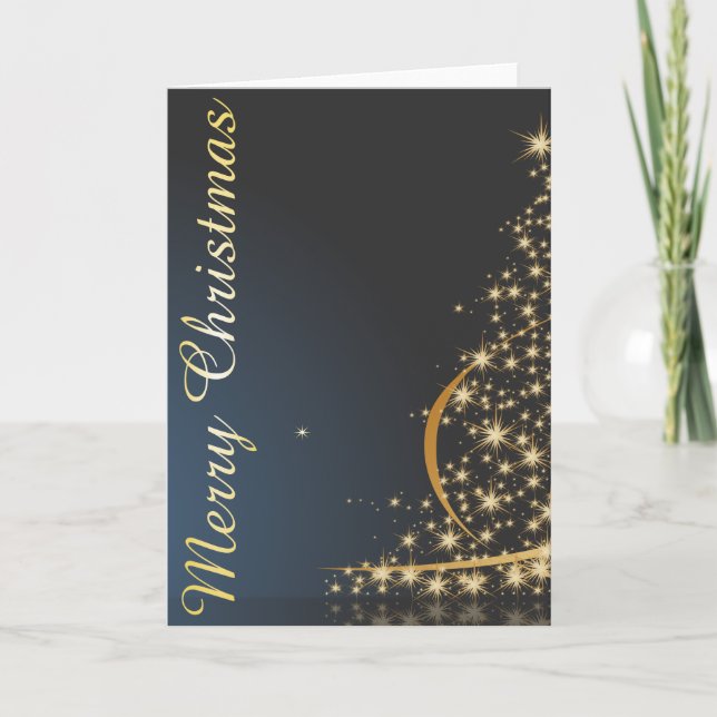 Carte Thème de Noël bleu avec arbre de Noël doré (Devant)