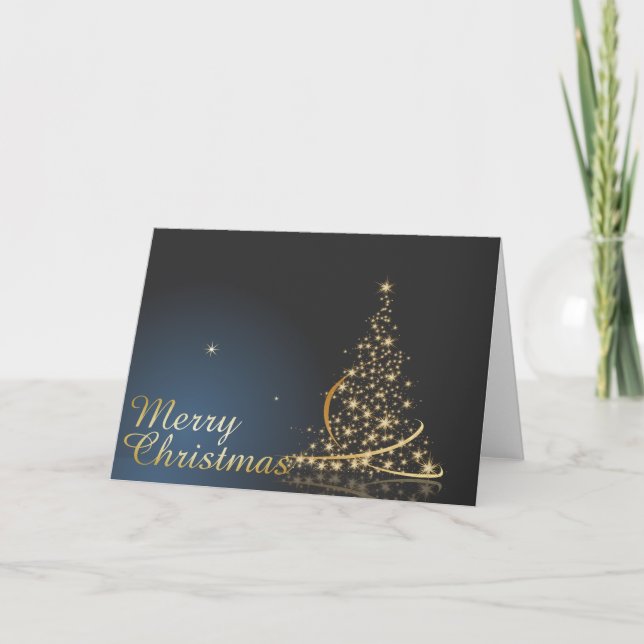 Carte Thème de Noël bleu avec arbre de Noël doré (Devant)