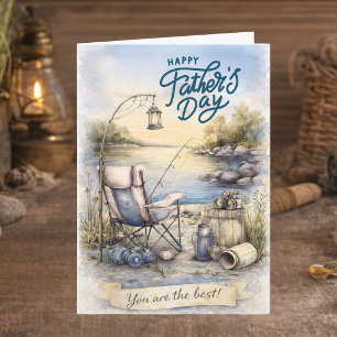 Carte Thème pêche marron bleu aquarelle Fête des pères