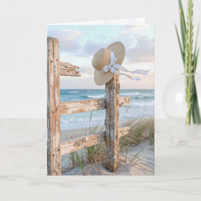 Carte Thinking of You Sun Hat On a Beach Fence (Devant)