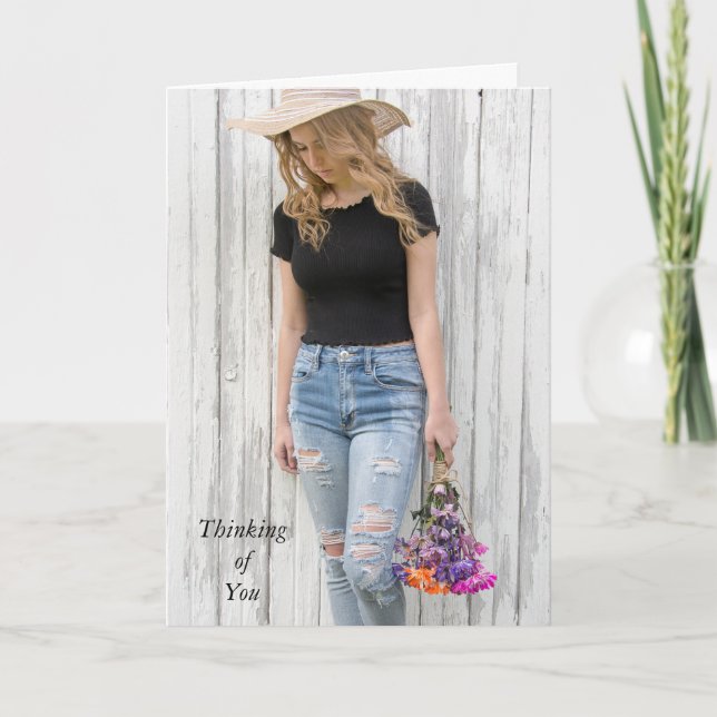 Carte thinking of you-teen girl with daisies (Devant)