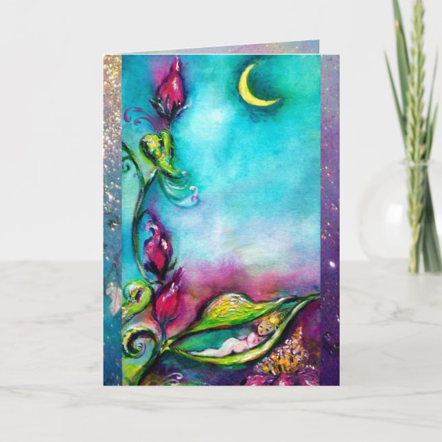 CARTE THUMBELINA DORMIR ENTRE FEUILLES ROSE (Devant)