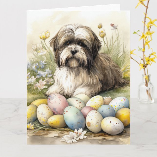 Carte Tibetan Terrier avec œufs de Pâques vacances (Fleur jaune)