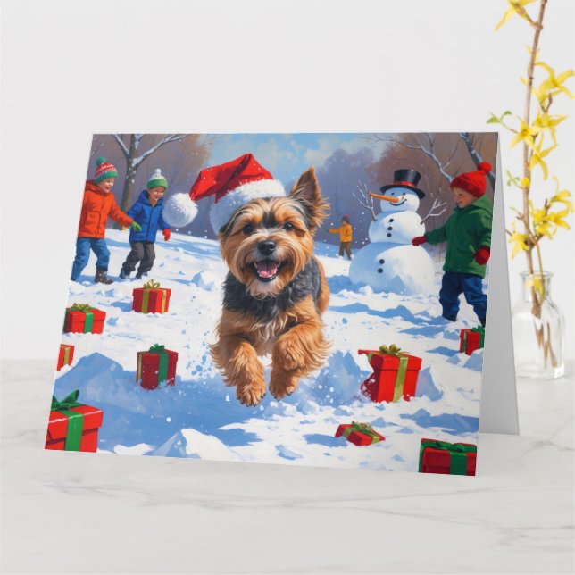 Carte Tibetan Terrier courant dans la neige avec un chap (Fleur jaune)