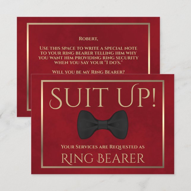 Carte Tie Bow Fun Rouge & Or Mon Porteur De Bague (Devant / Derrière)