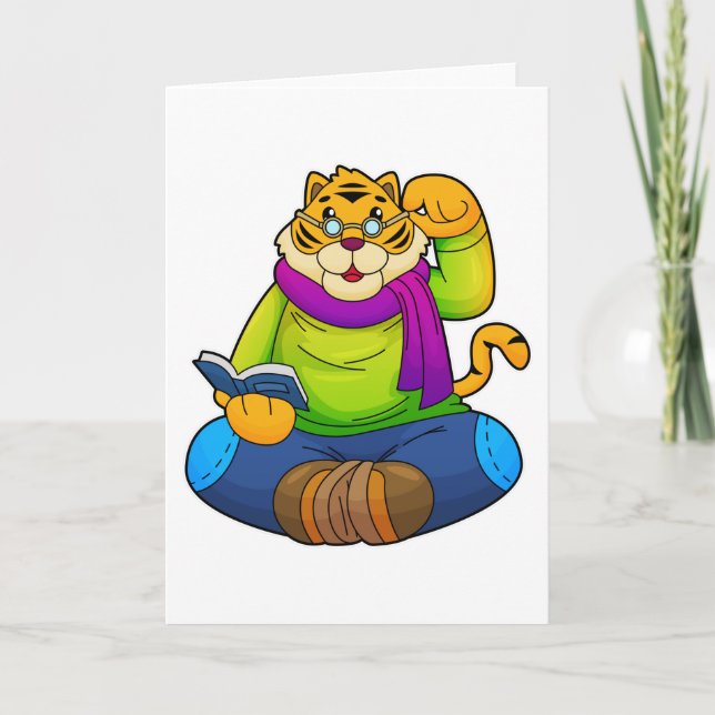 Carte Tigre en nerd avec livre (Devant)