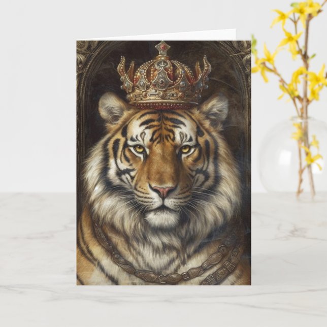 Carte Tigre magnifique dans une couronne toutes occasion (Fleur jaune)
